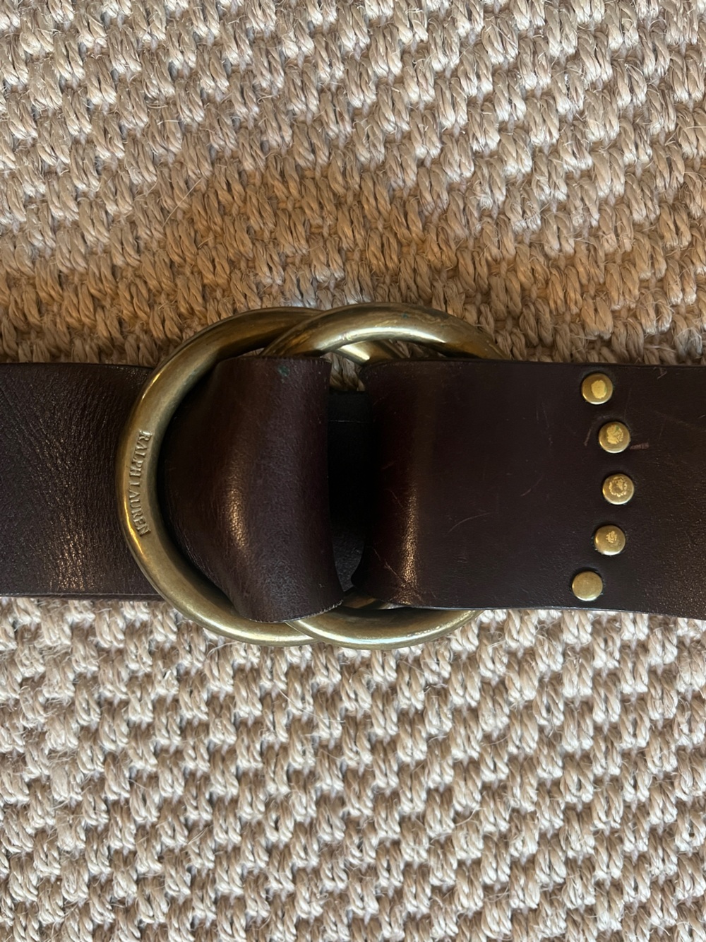 Vintage Ralph Lauren Wide Leather Belt Double Brass O-Ring Closure Stud Detail